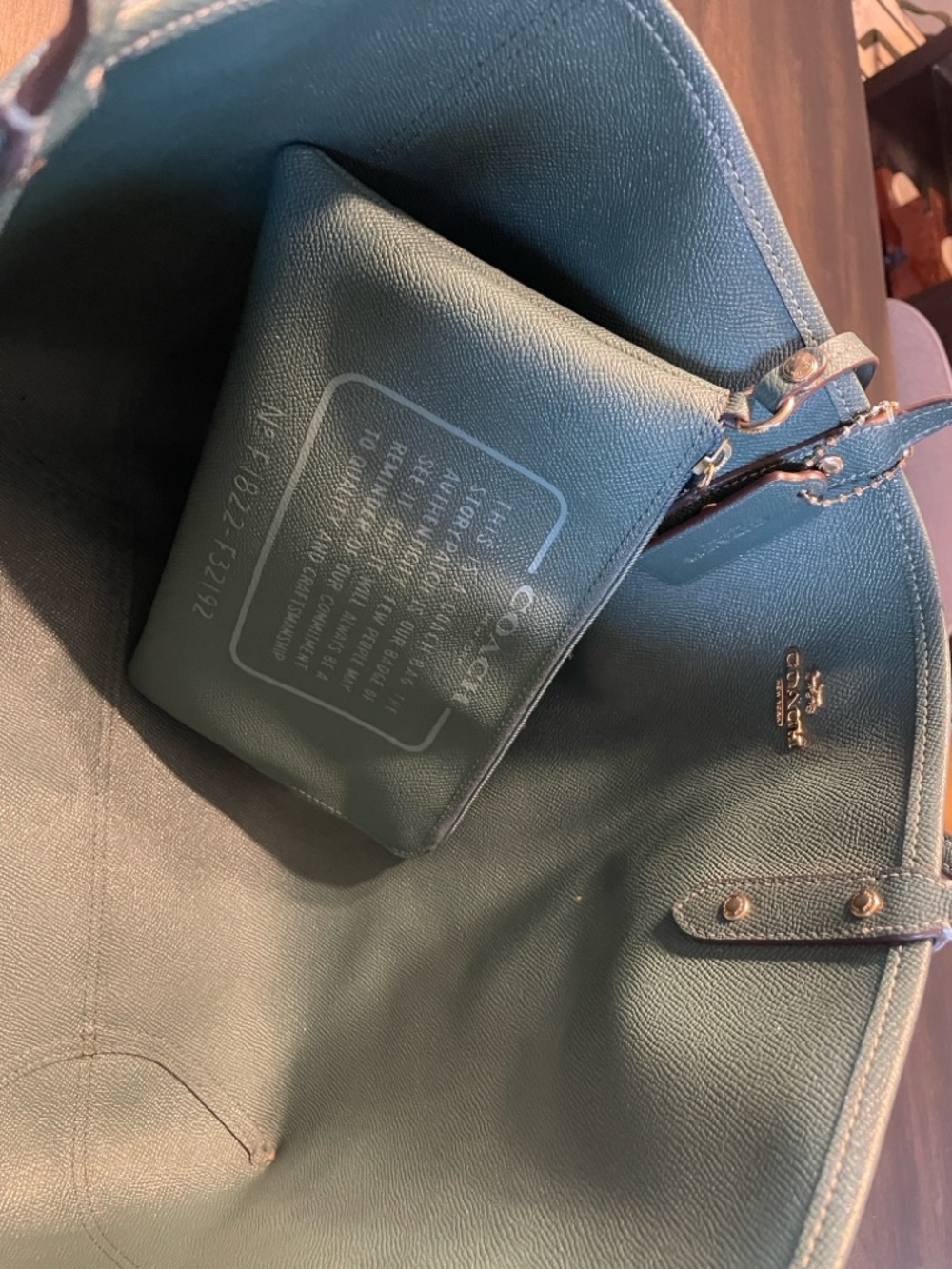 Coach Classic Brown Signature Canvas ReversibleTote with Teal Wristlet. - Picture 5 of 8